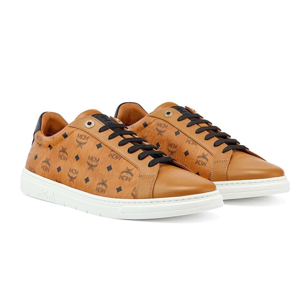 MCM Men's Leather Terrain Monogram Sneakers Cognac Brown